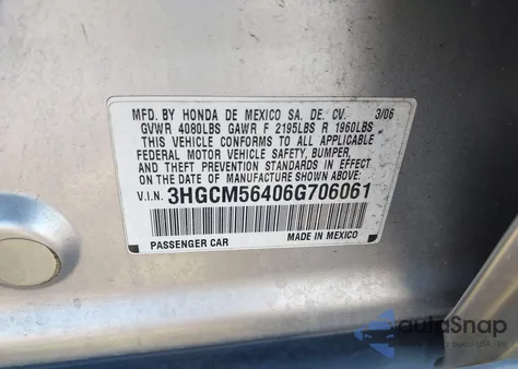 2006 Honda Accord 2.4 Lx из США, поврежденный, VIN 3HGCM56406G706061